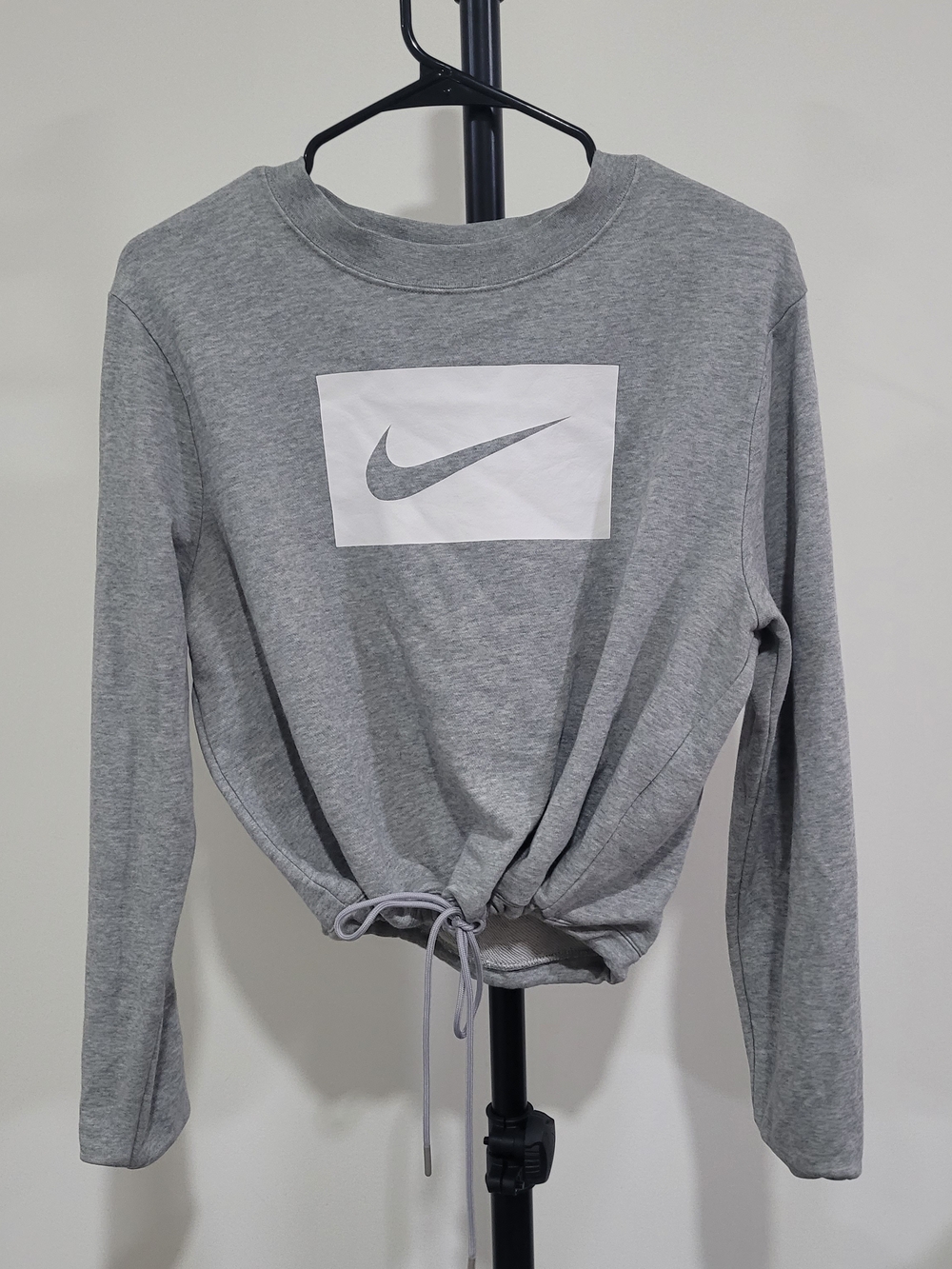 Nike Light Grey Drawstring Cropped Sweatshirt with Swoosh